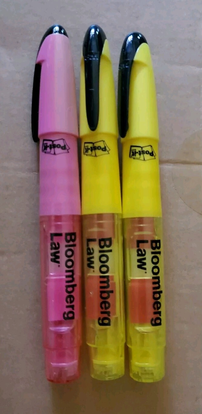 3x Bloomberg Law Yellow/pink Highlighter Pen with Red Post-It Flags