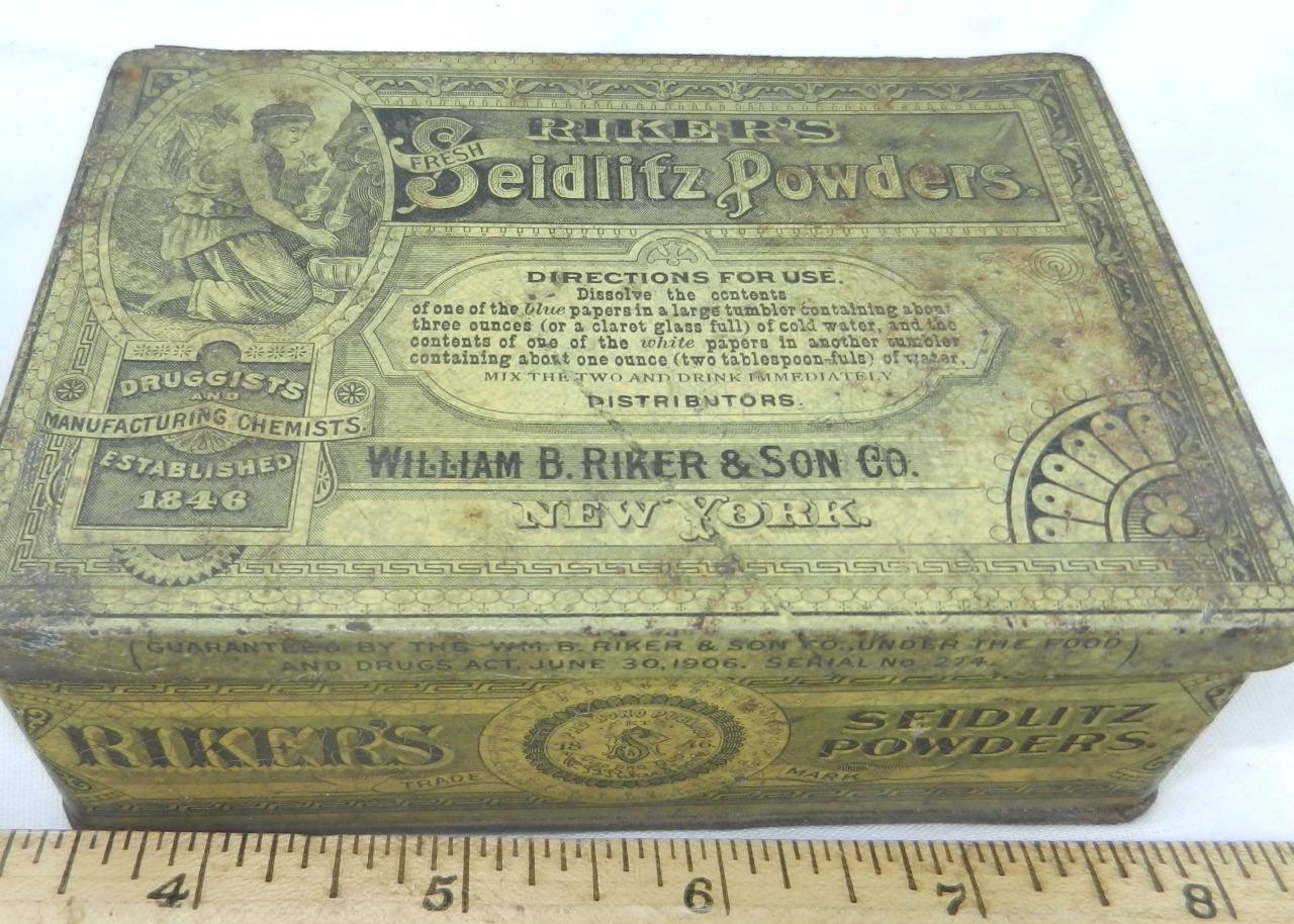 SEIDLITZ Powder Tin Litho Medicine Can William B Riker & Son Co New York Est1846