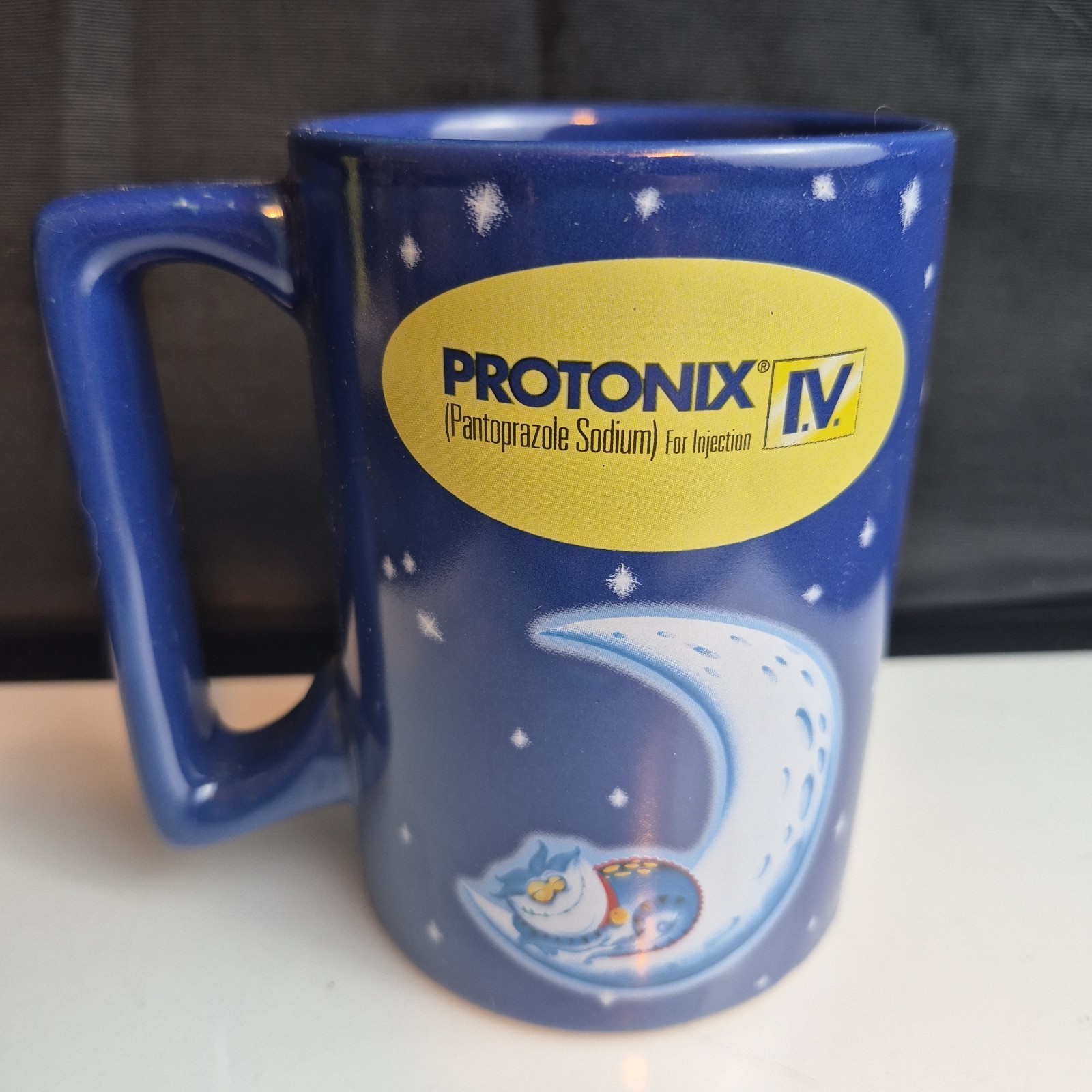 Protonix Drug Rep Coffee Mug Promo Sleeping Cat Moon Blue Ceramic Cup Collectibl