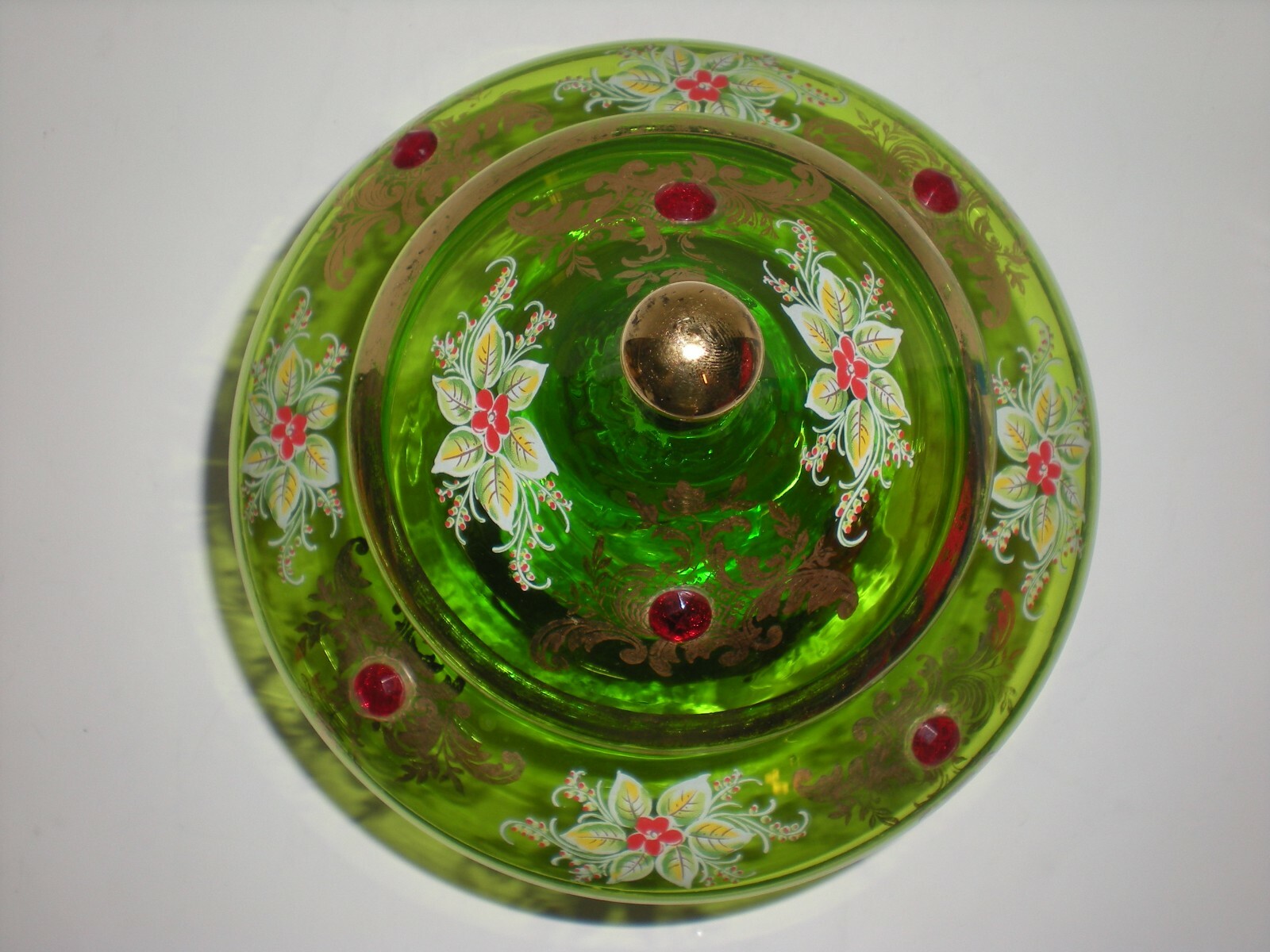 12″ Green Apothecary Jar Canister Circus Tent Lid Vtg Hand Blown Xmas Poinsettia