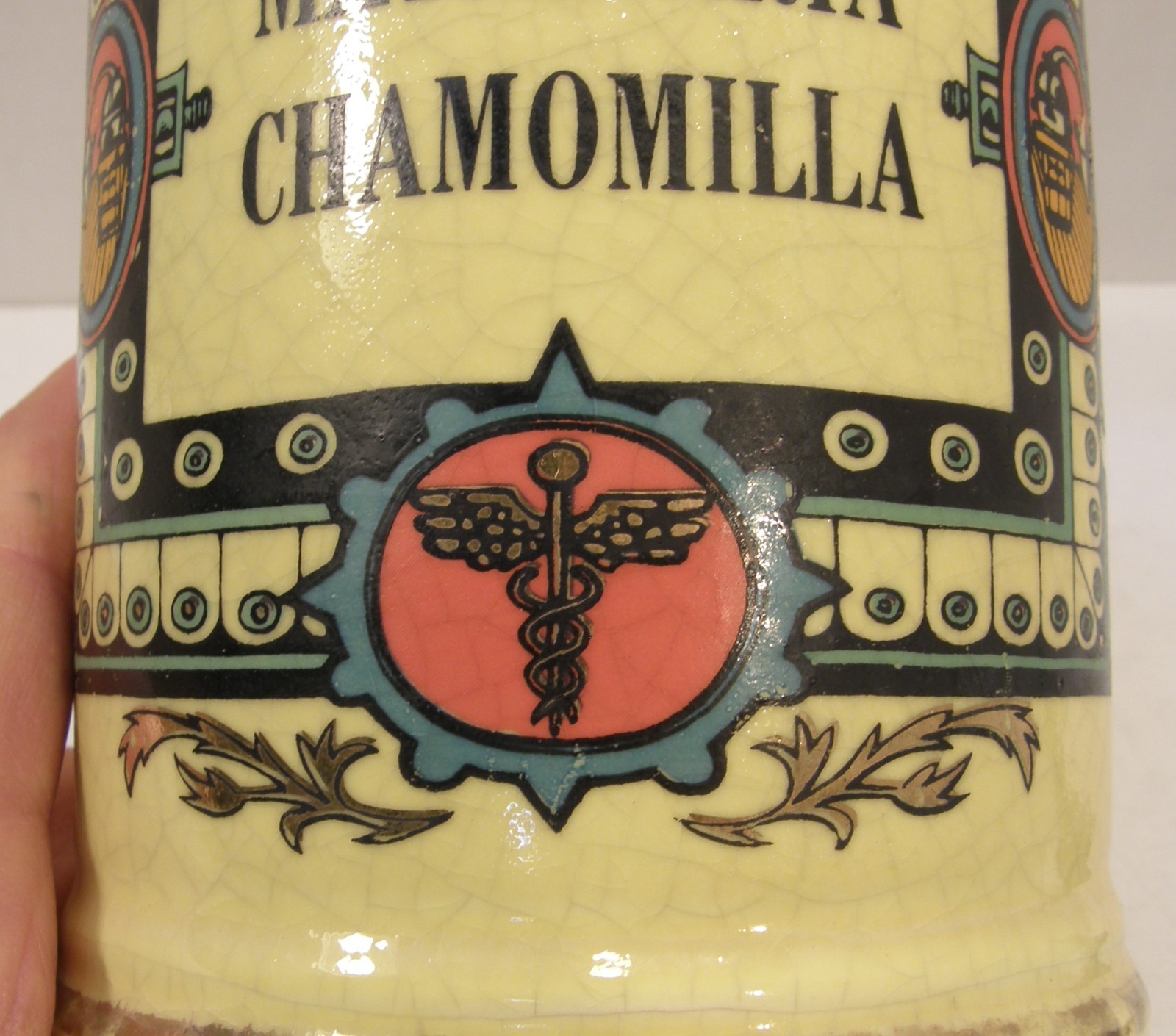 VINTAGE CERAMIC POTTERY APOTHECARY JAR W/LID MATRICARIA CHAMOMILLA PHARMACY