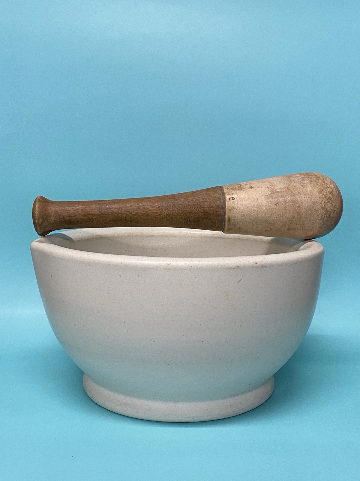 Vintage MORTAR & PESTLE Ceramic & Wood Pharmacy Apothecary HUGE 10” WH3