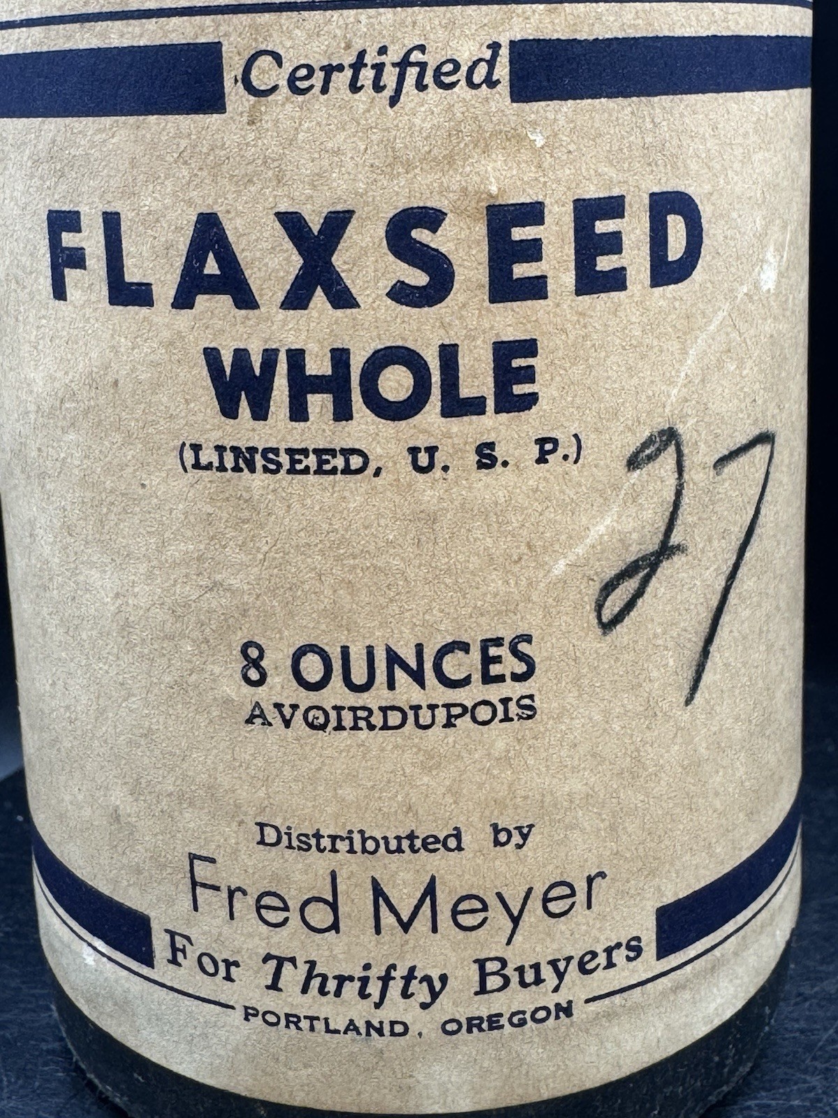 Vintage Unopened Fred Meyer Whole Flaxseed Container 8 oz Linseed USP Prop 27¢