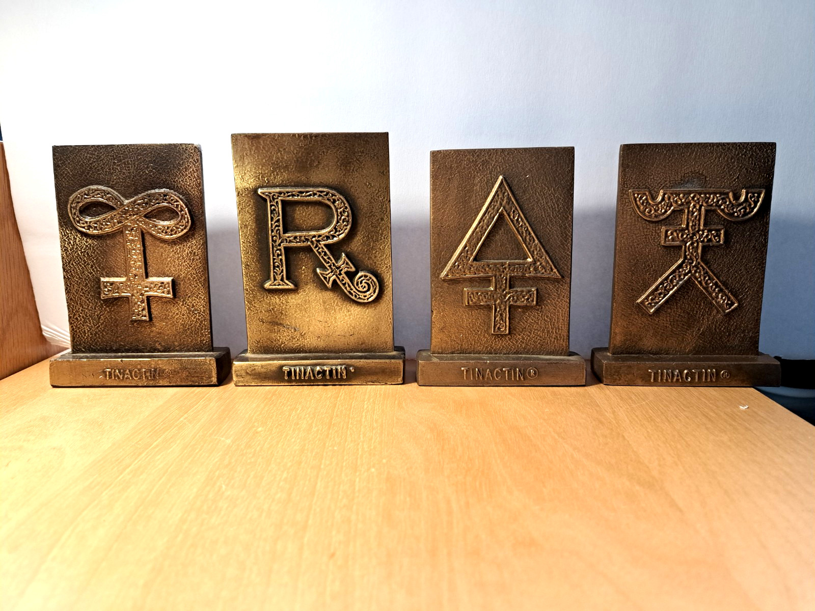 Lot of 4-Vintage Tinactin Secundum Artem 1976, ’79, ’80 & ’81 Brass Paperweight