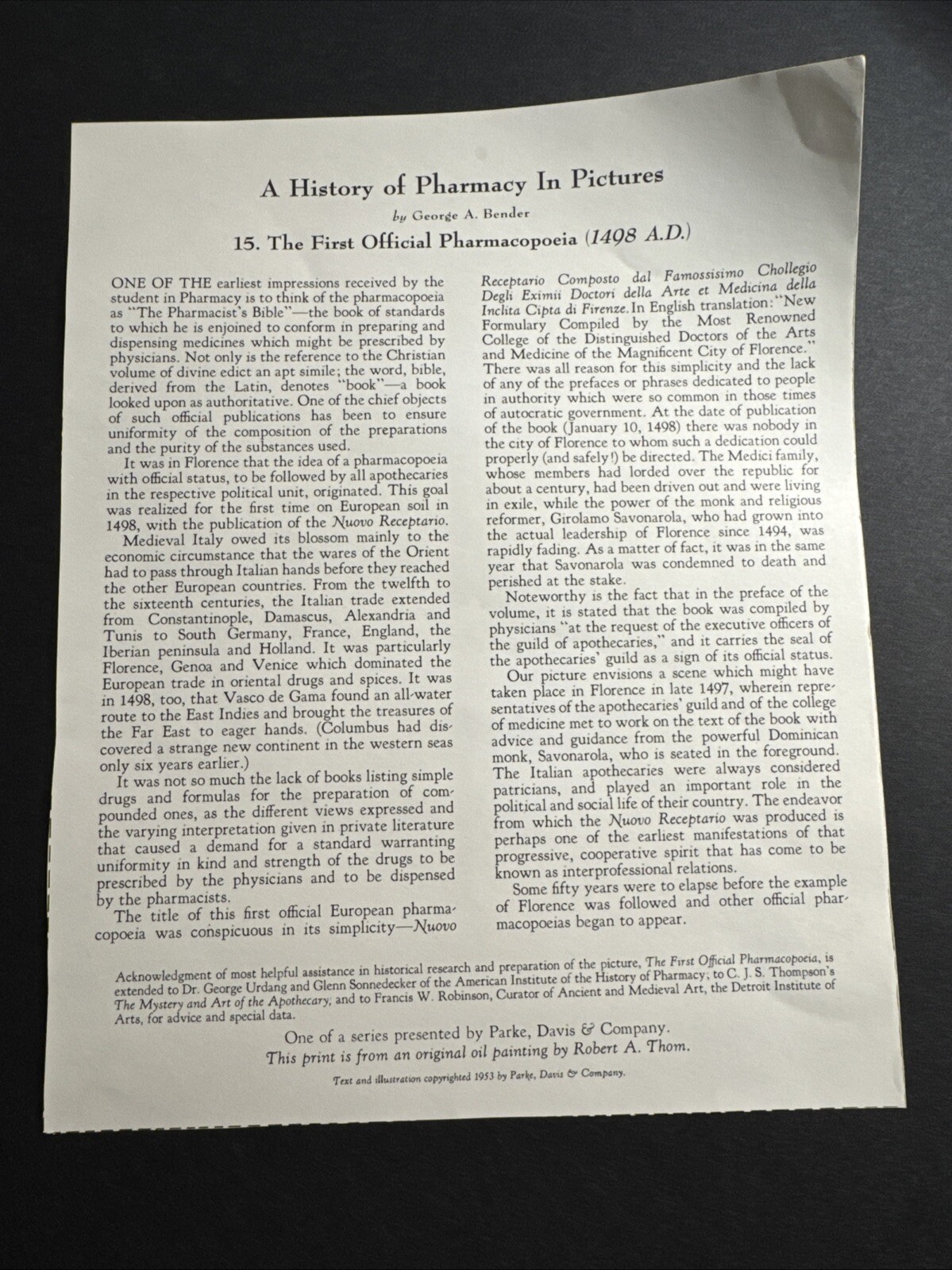 A HISTORY OF PHARMACY IN PICTURES 1954 PRINT#15 Great Gift For Doctor 22″×18″