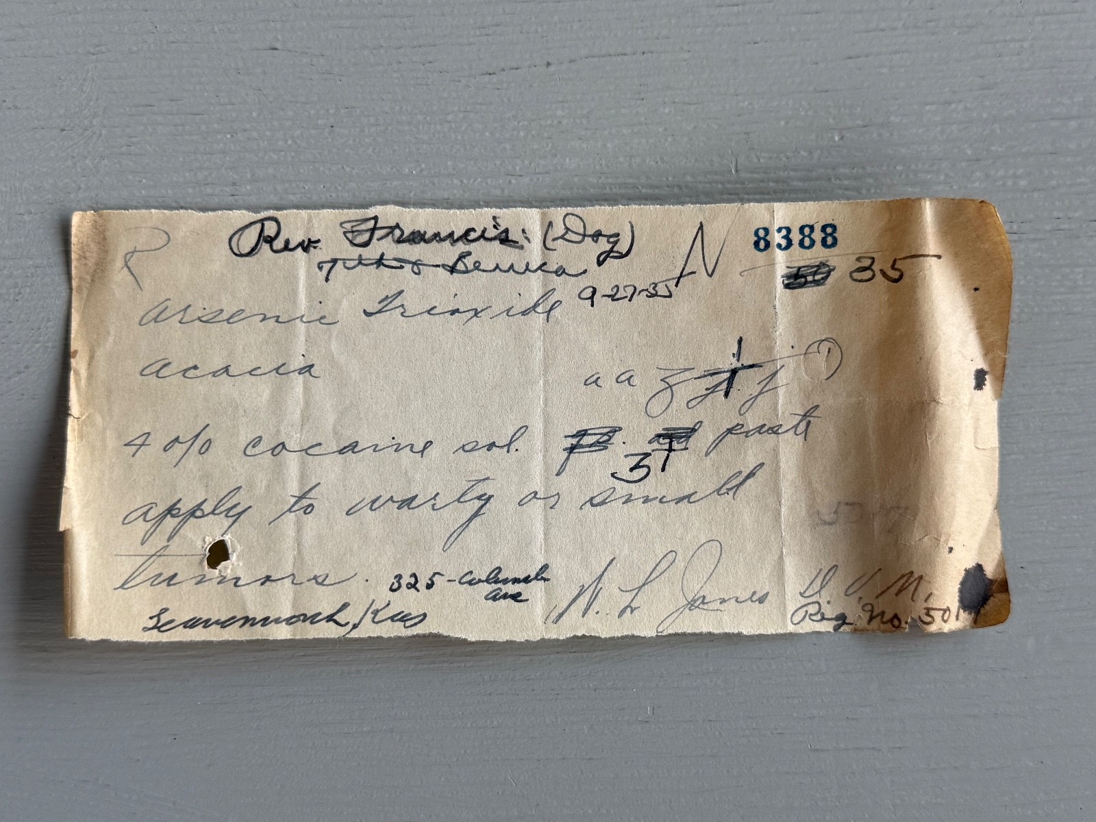 Antique Cocaine Prescription RX for DOG Tumor 1935 Doctor Veterinarian Vintage