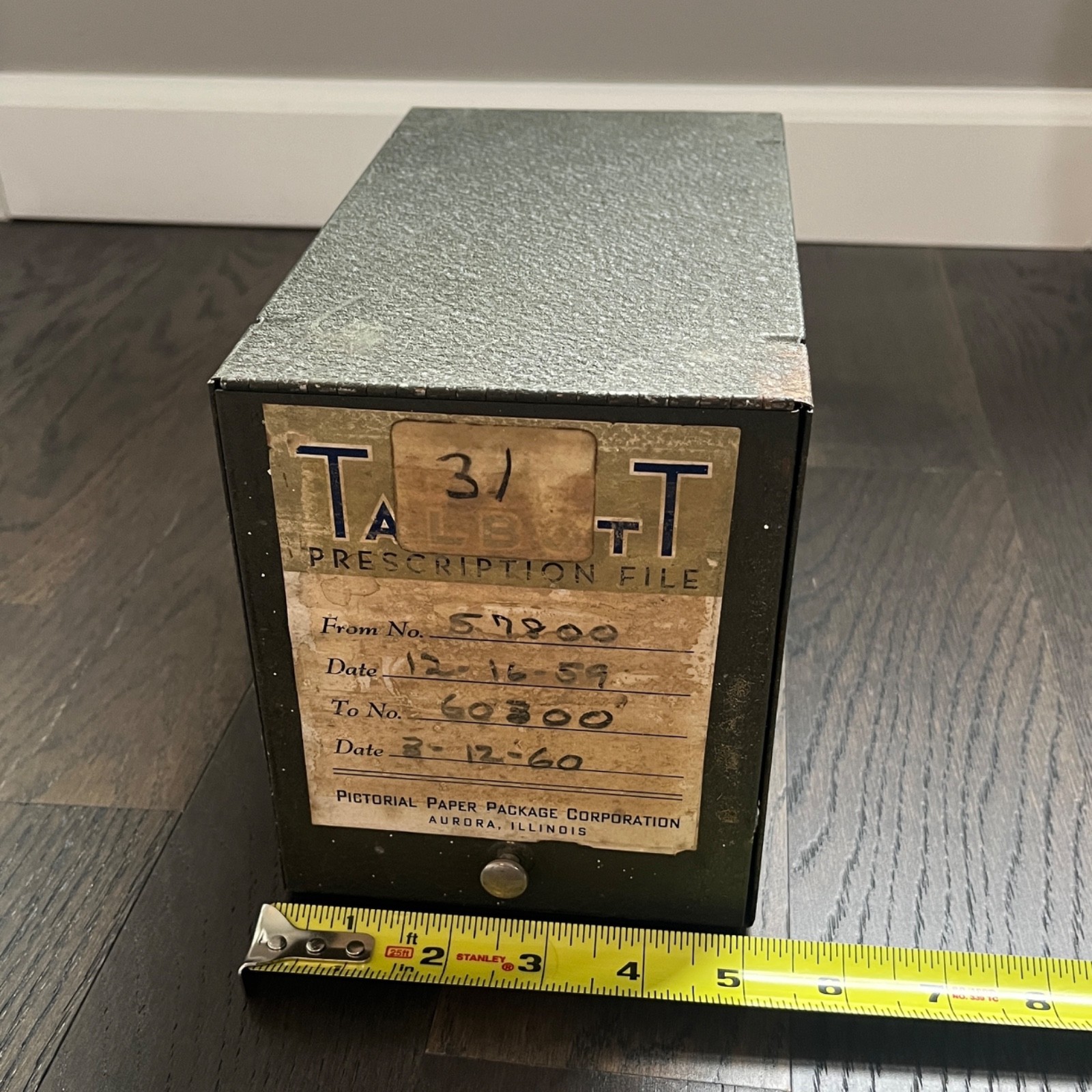VINTAGE METAL TALBOTT PRESCRIPTION FILE BOX AURORA, ILLINOIS 1960’s