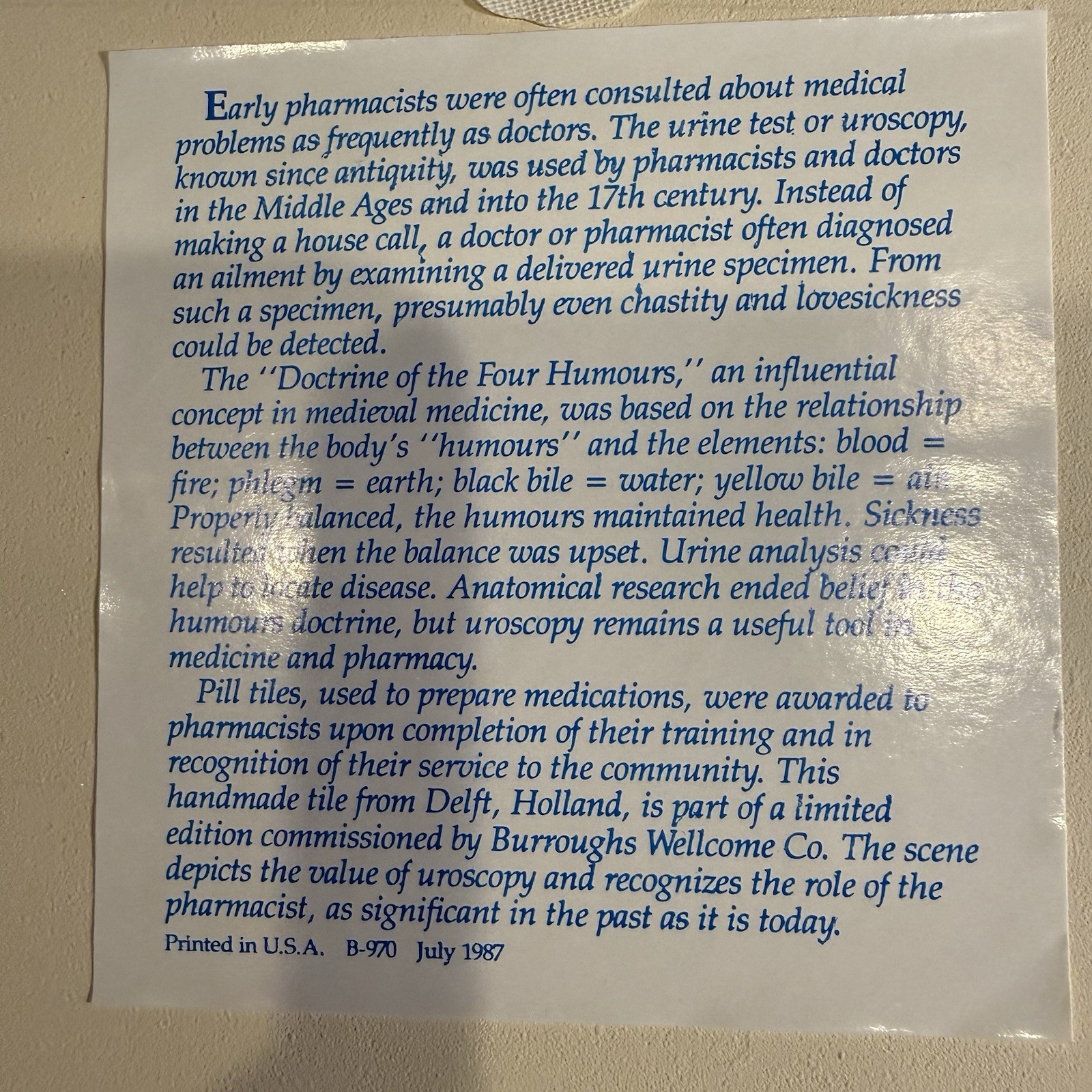 Burroughs Wellcome Delft Holland Pharmacy Tiles Set of 5 Ltd Edition 1986-91