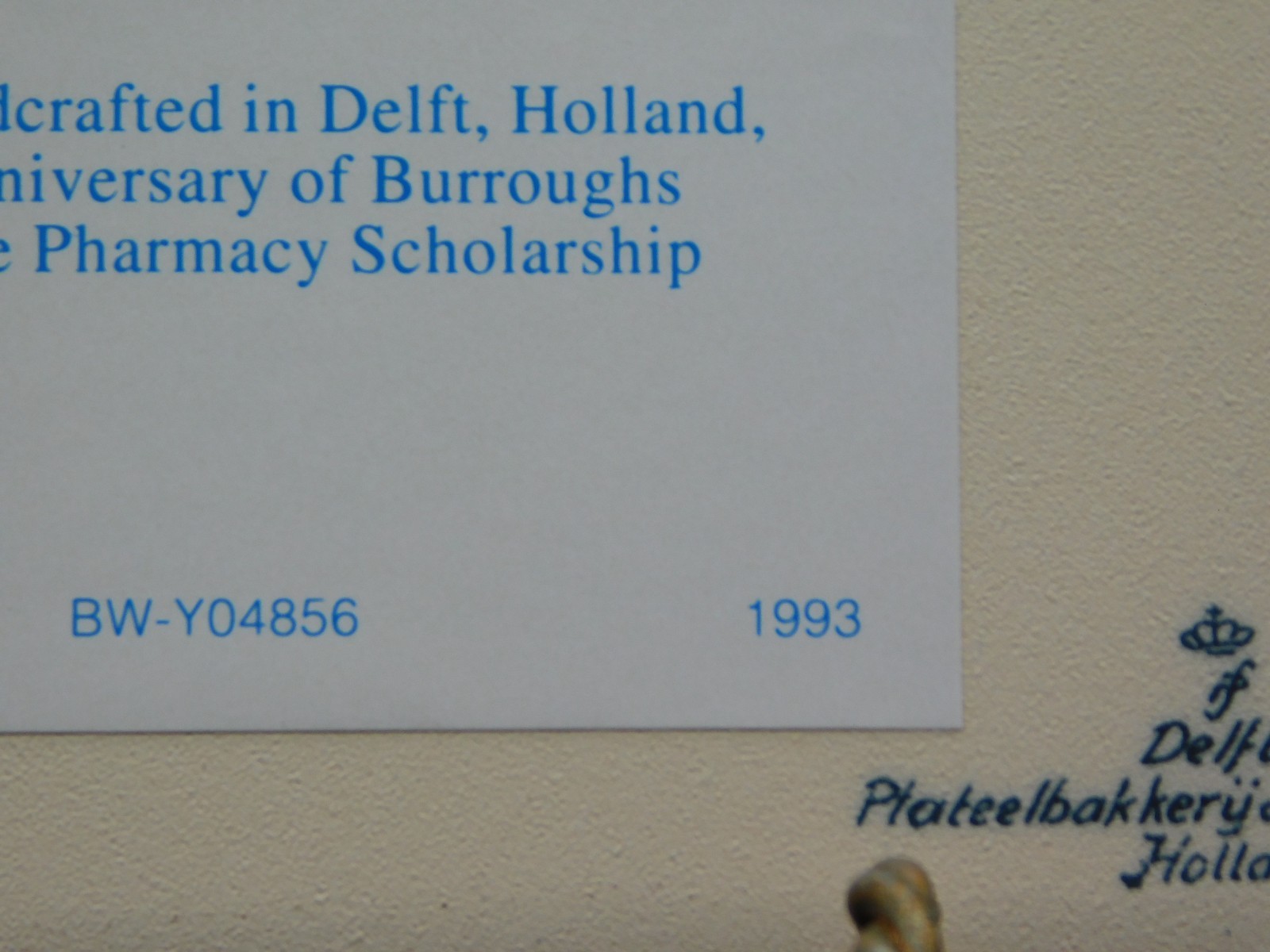 Delft Porcelain Pill Tile Burroughs Wellcome 20th Anniv. Pharmacy Apothecary