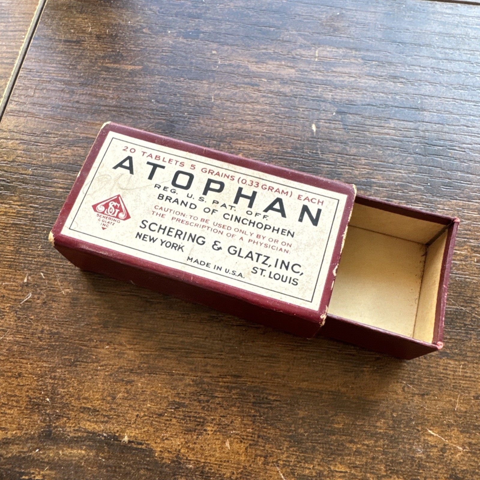 Atophan Vintage Box Shering Glatz New York Cinchophen Empty Box Medicine