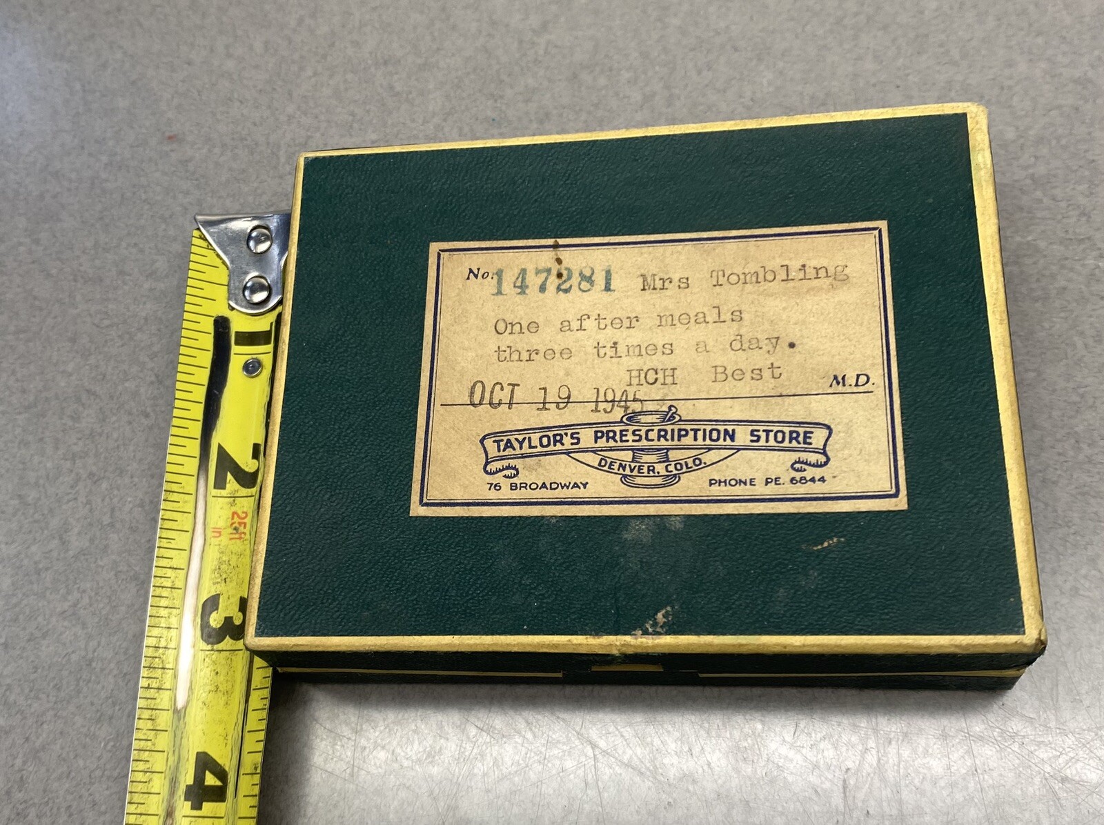 Vintage 1945 Cardboard Prescription Pill Medicine Box Taylors Pharmacy Denver Co