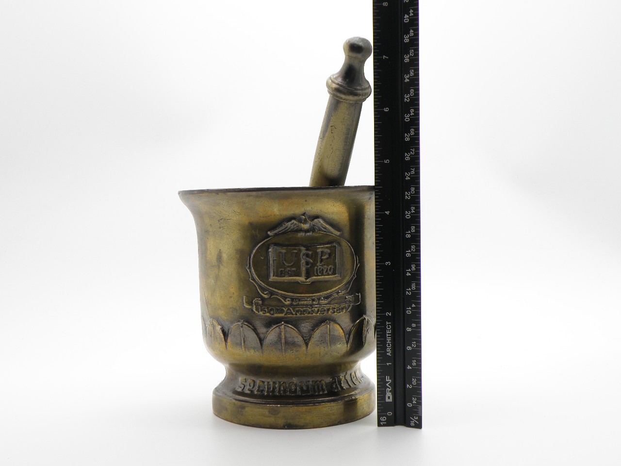 Vtg Brass Mortar & Pestle USP Rx Est 1820 150th Anniversary Schering Pharmacopia