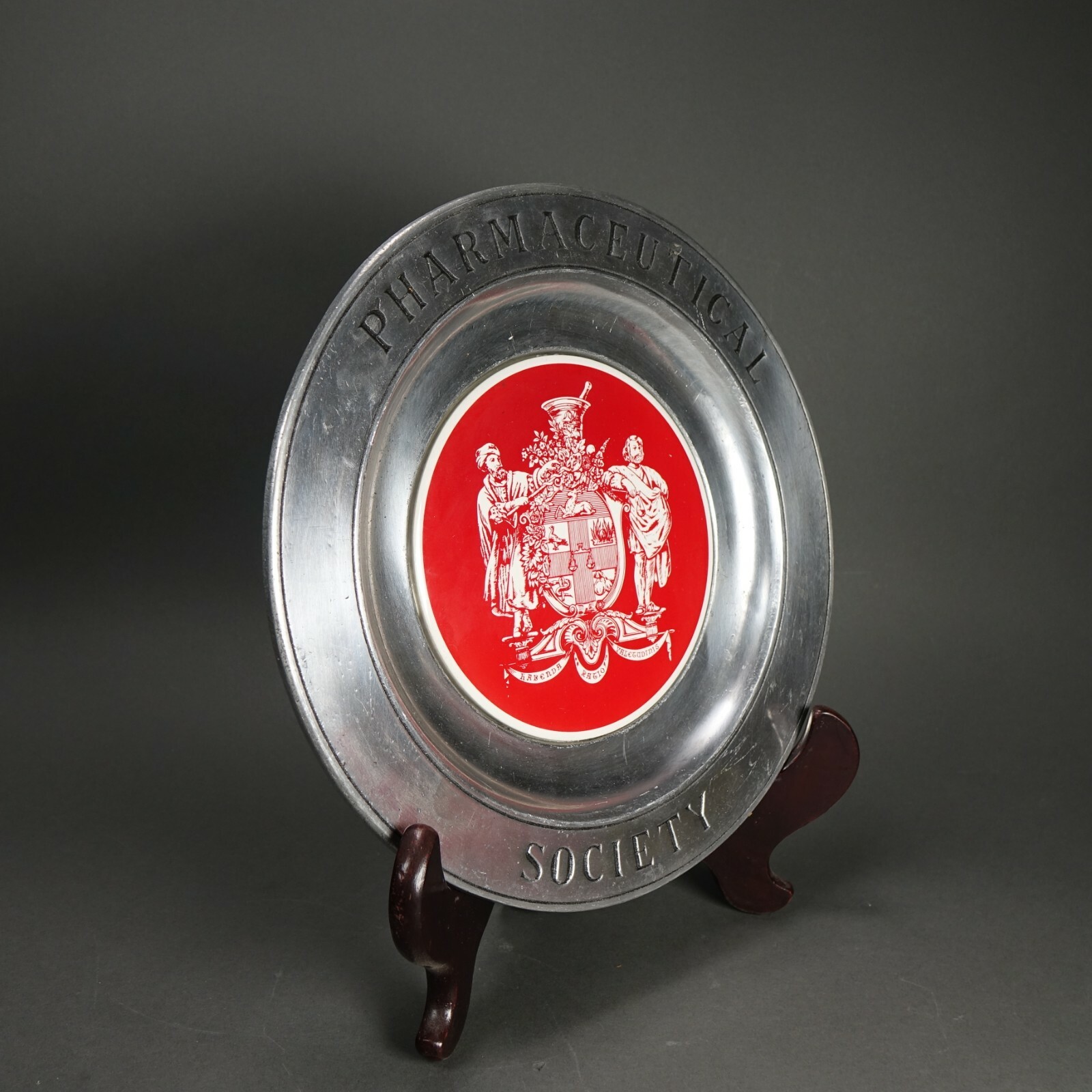 Vintage Squibb Apothecary Pharmaceutical Society Pewter Plate w/ Wood Stand