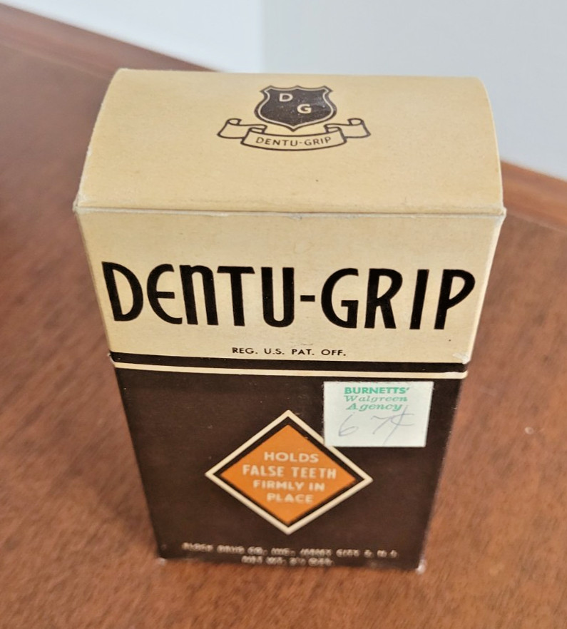 Vintage NOS Dentu-Grip 2.5oz tin with original Box by Block Drug Co.