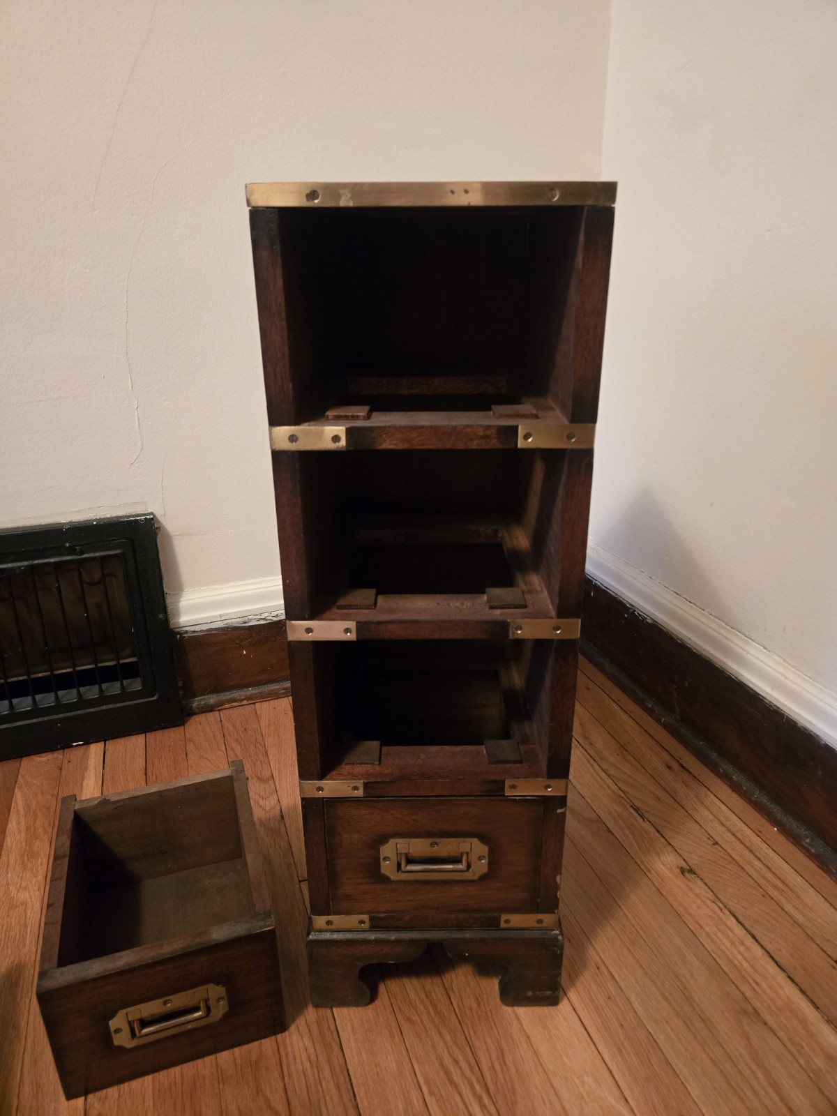 Antique Apothecary Military Campaign Chest Of Drawers with Leather Top