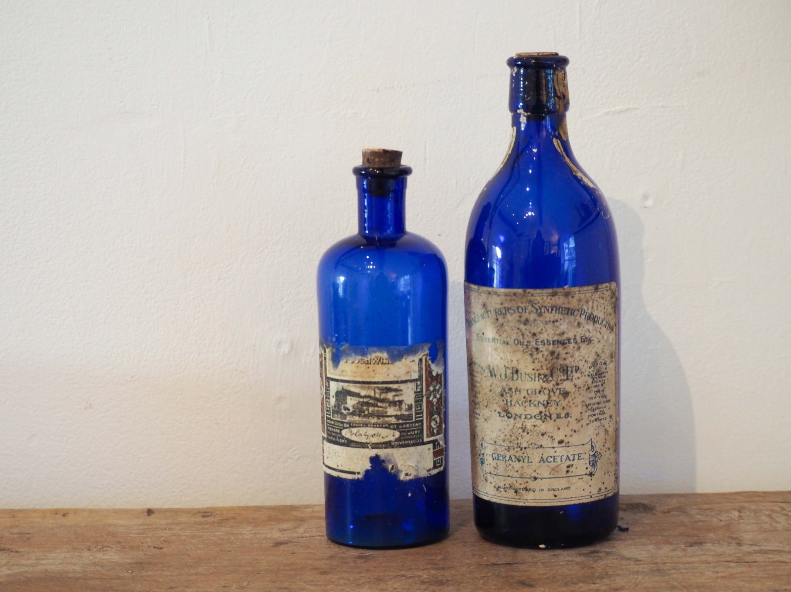 Antique Victorian Blue Bottle with Stopper and Original Label -Sold Individually