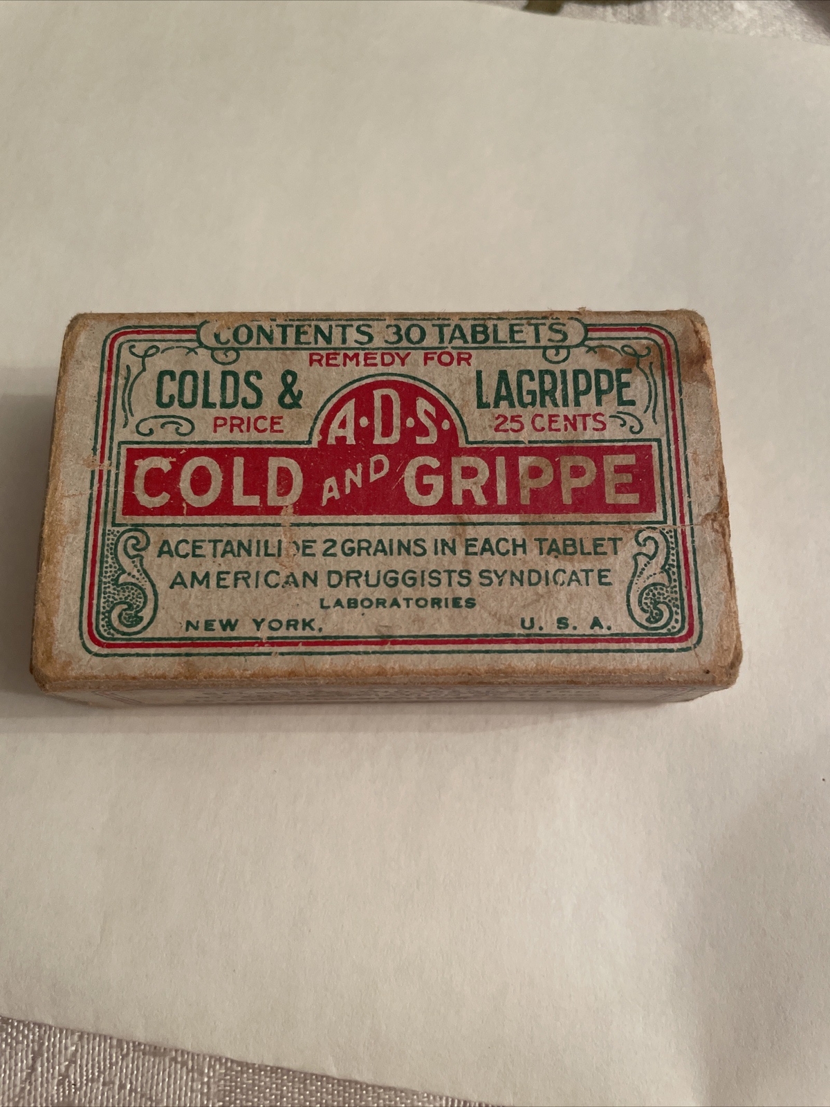 A.D.S. Cold And Grippe Tablets Advertising Medicine Box-New York-USA