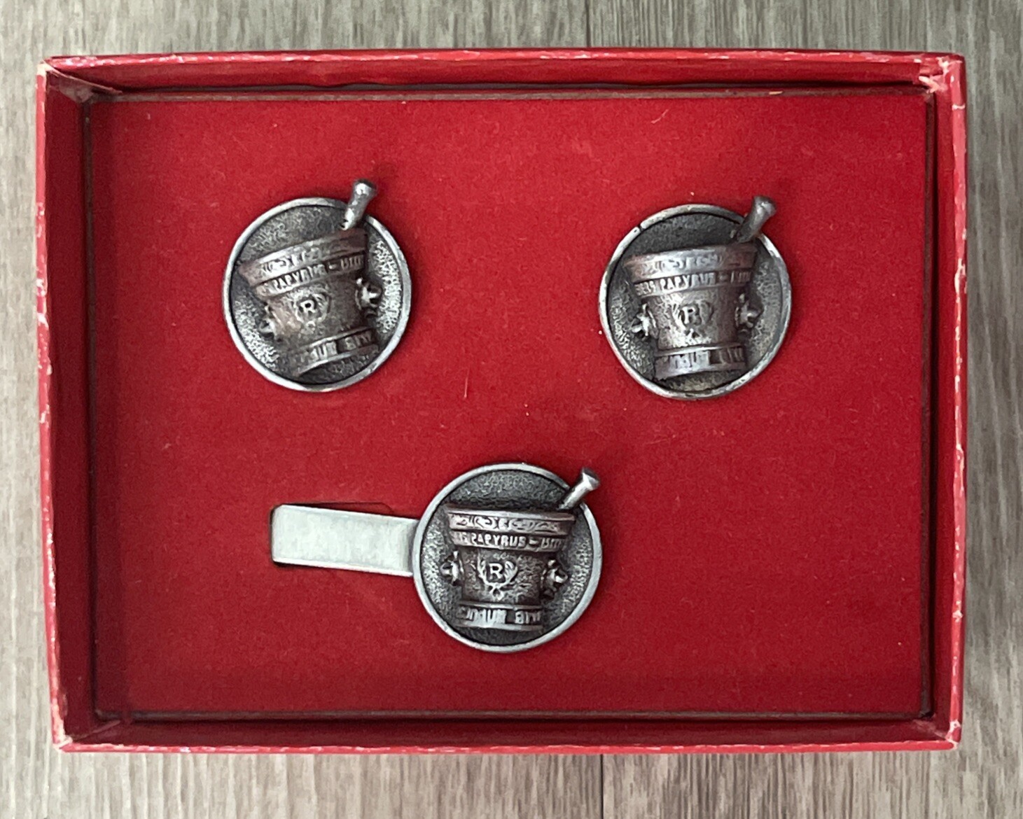 Vintage SCHERING Ebers Papyrus PEWTER Cuff Link Set Original Box Pharmaceutical