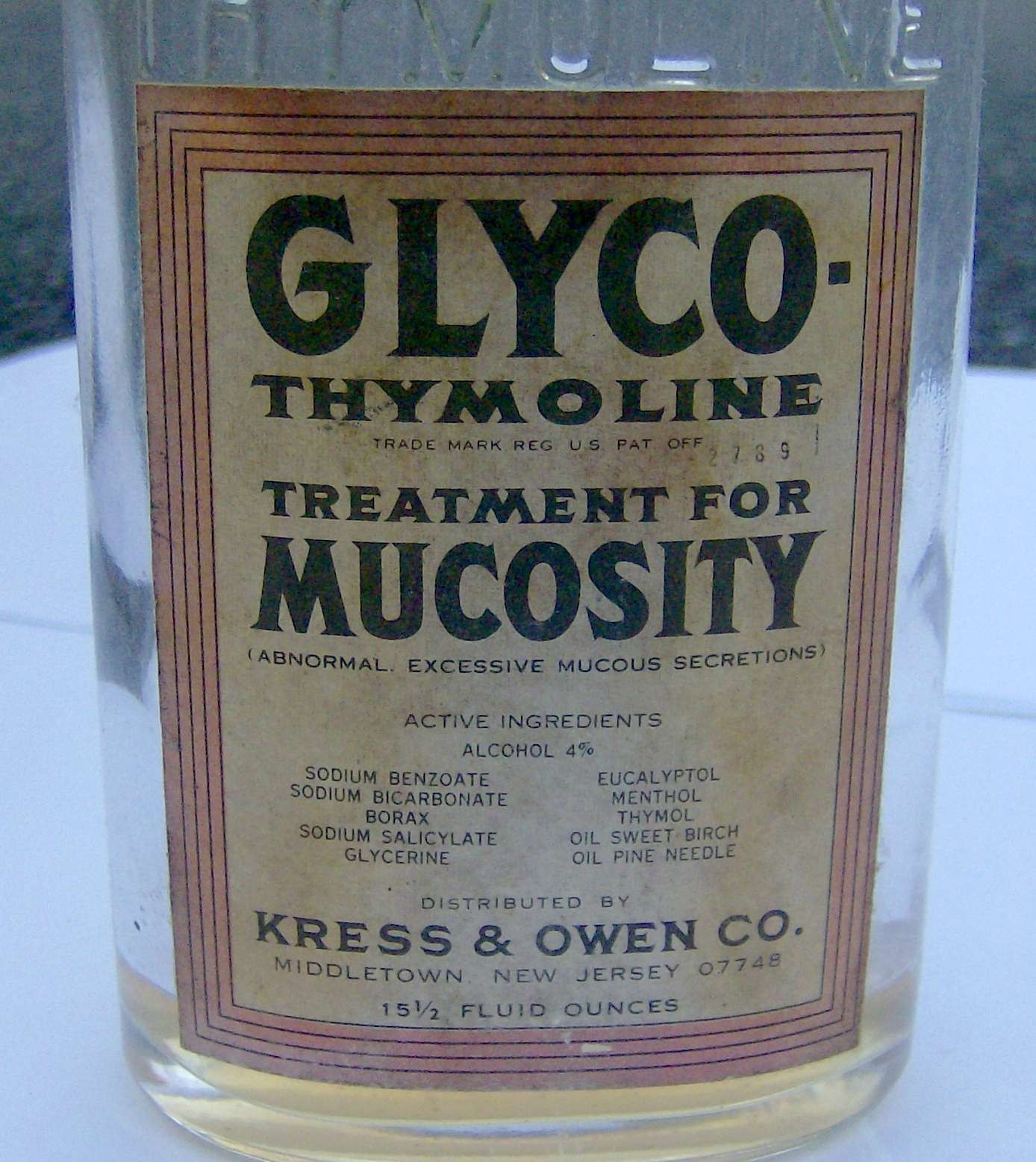 antique 1960s TREATMENT FOR MUCOSITY glass pharmaceutical bottle Glyco-Thymoline