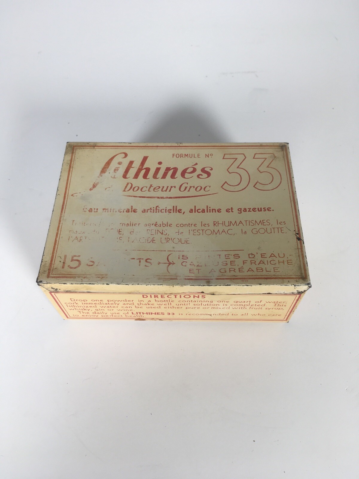 Vintage LITHINES Groc Formule No. 33 – Vintage Medicinal Water Empty Tin
