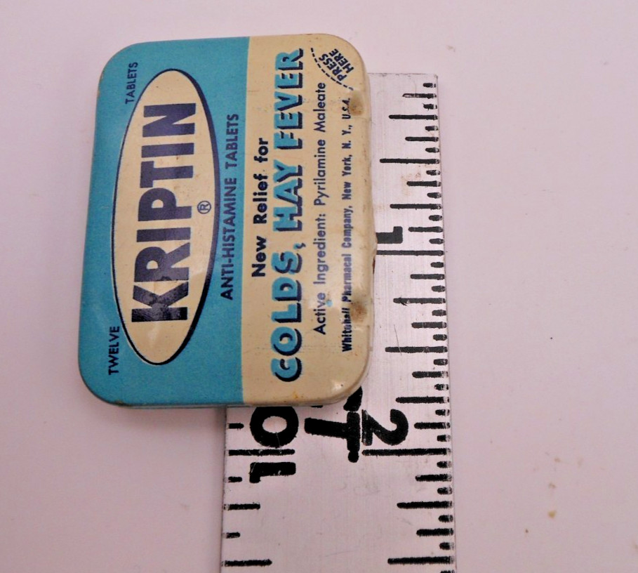 Vintage Kriptin Anti-Histamine Tablets Sm Metal Tin Whitehall Pharmaceutical NY