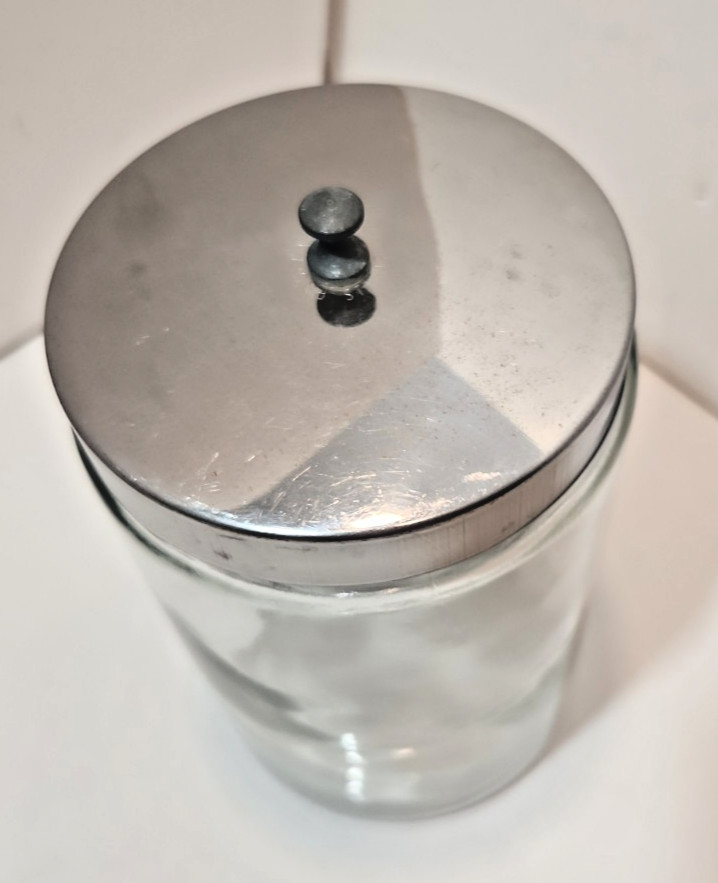 Vtg Profex Apothecary Medical Glass Jar Canister with Stainless Steel Lid 8×5″