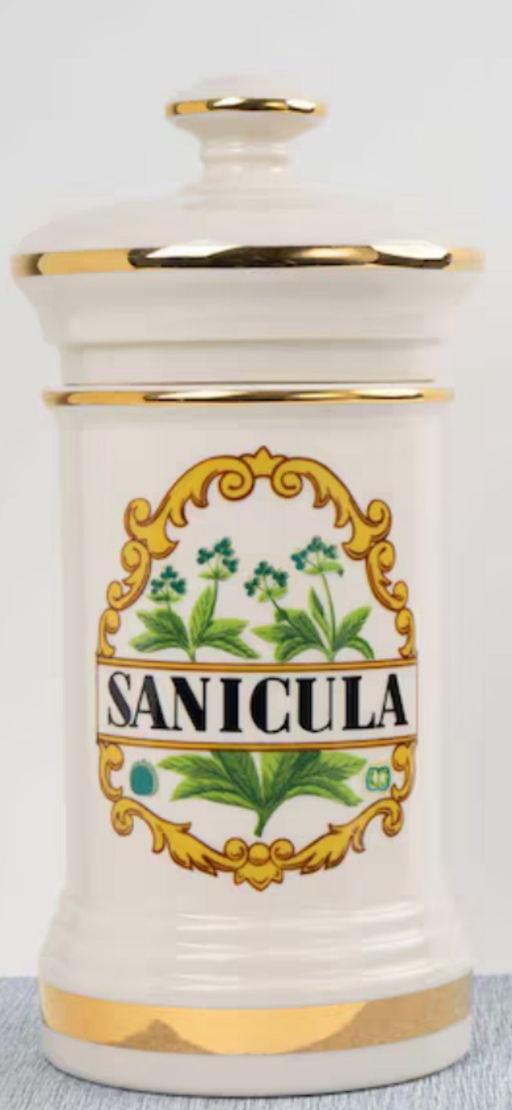 VINTAGE 1970’s SANICULA APOTHECARY JAR BOTANICAL PHARMACY CERAMIC POTTERY EUC