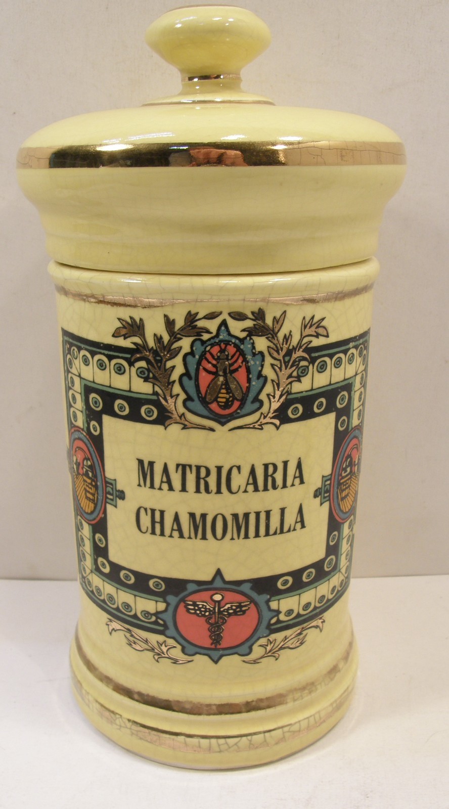 VINTAGE CERAMIC POTTERY APOTHECARY JAR W/LID MATRICARIA CHAMOMILLA PHARMACY