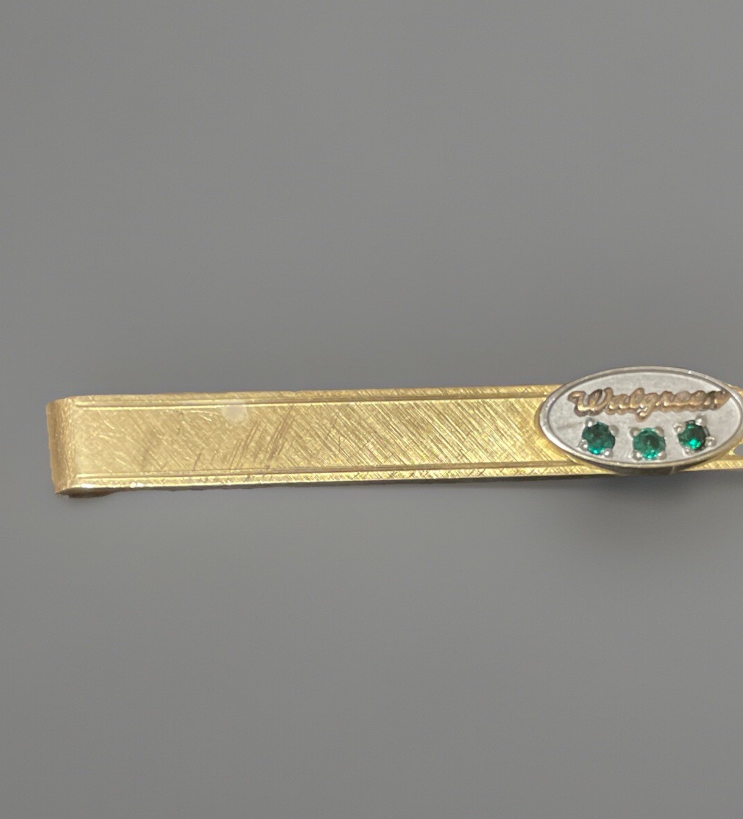 Vintage Walgreens Employee Tie Clip Gold w/ Green Stones 1960s–80s