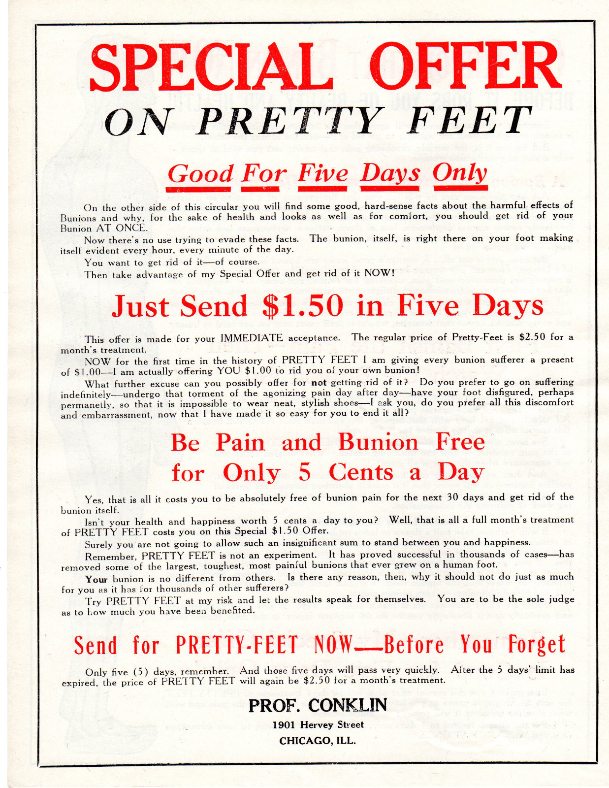 PROFESSOR CONKLIN Pretty Feet BUNION CURE Vintage 2 sided poster advertising