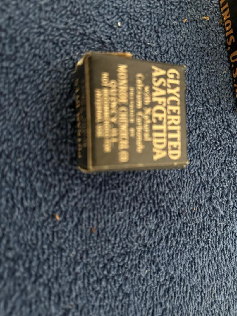 Vintage glycerited Asafoetida squares in original box w price tags in 1 lb box