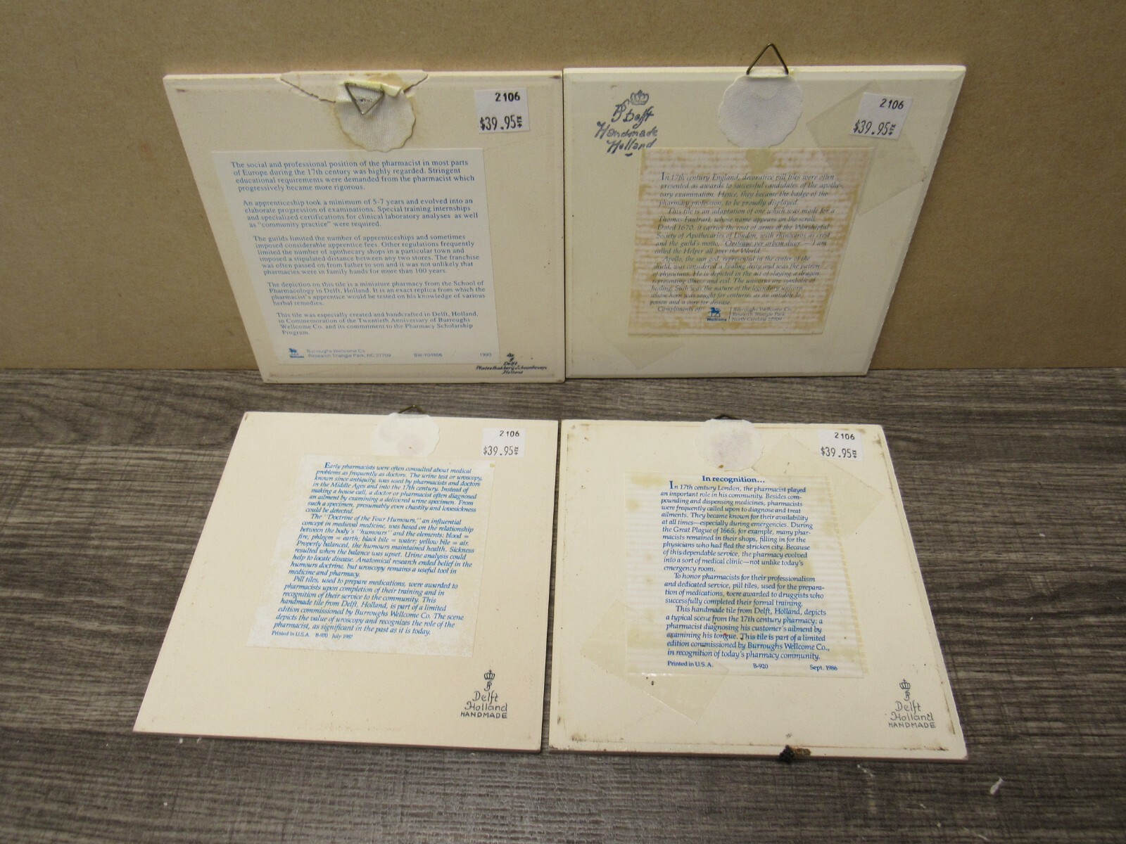 LOT OF 4 Vintage BLUE DELFT Holland Pharmacy Tiles (3)