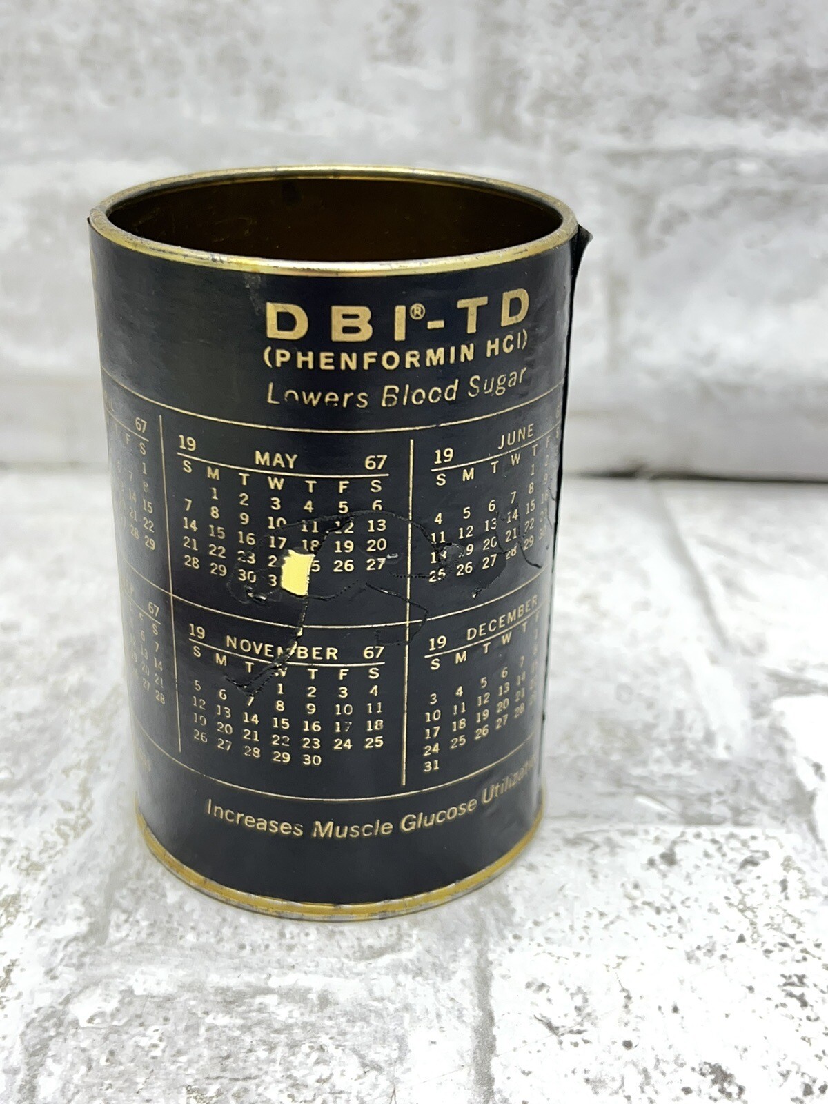 1967 Pharmaceutical Blood Sugar Med ADVERTISING TIN CAN DBI-TD PHENFORMIN HCI