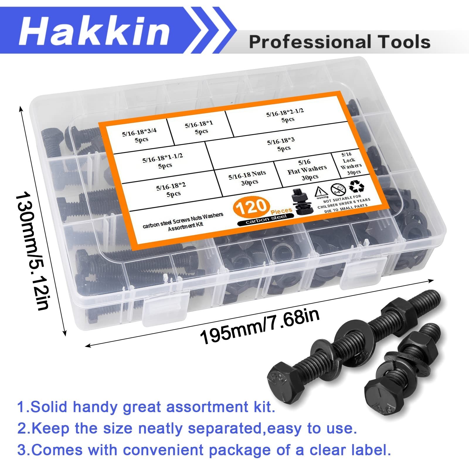 Hakkin 120PCS 5/16-18 Hex Bolts and Nuts Kit, Length 3/4″,1”,1-1/2″,2″,2-1