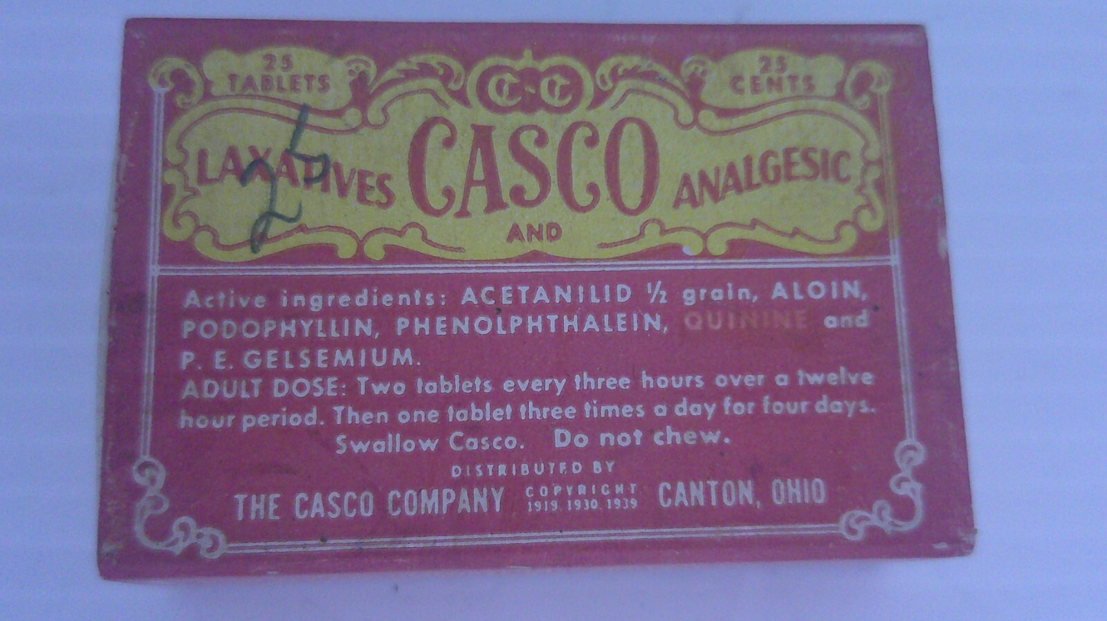 vintage Casco co laxative pills sliding box opener has pills & instructions Z151