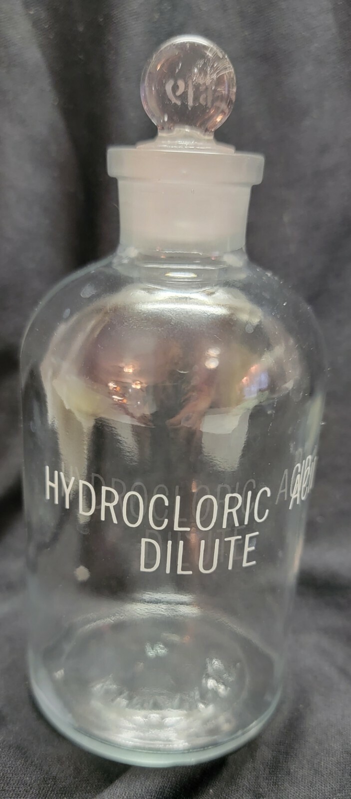 Hydrocloric (Misspelled) Acid Dilute Apothecary Glass & Stopper Vtg Retro KIMAX