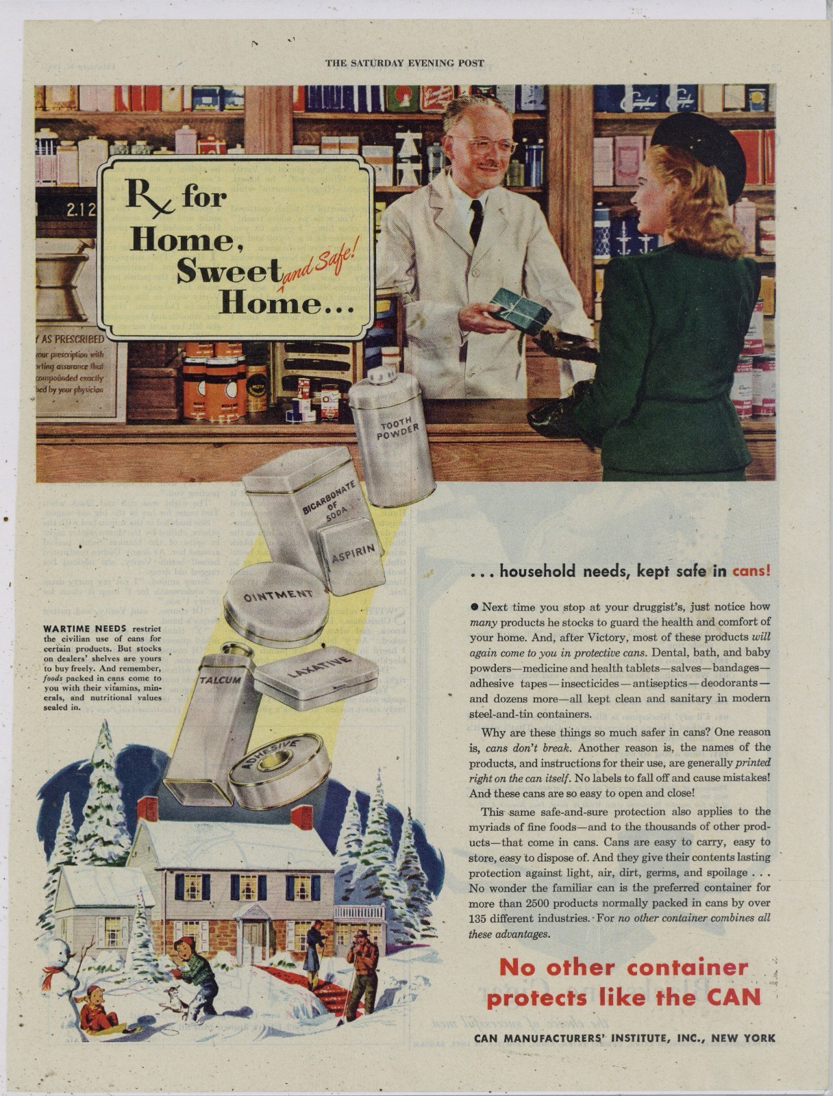 1945 Can Mfg. Institute Ad: World War Two Pharmacy Theme – Home Sweet Home