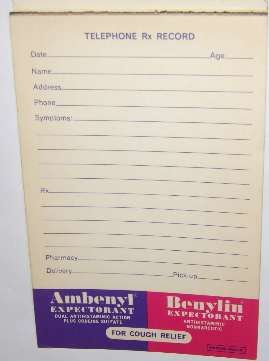 Vintage 1966 Ambenyl Cough Relief With Codeine Advertising Telephone Notepad!