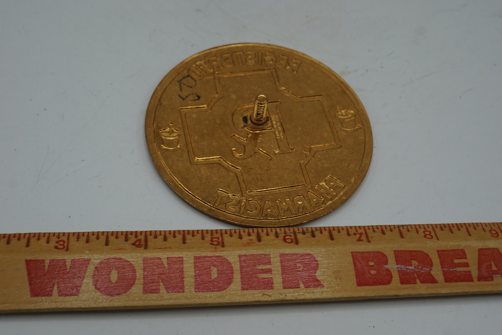 Antique Registered Pharmacist Rx Automobile Grille Badge Brass Enamel Radiator