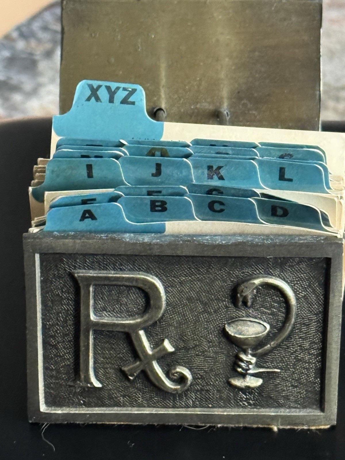 Vintage RX Pharmacy Rolodex Card File Cast Brass Desktop Apothecary Oddity