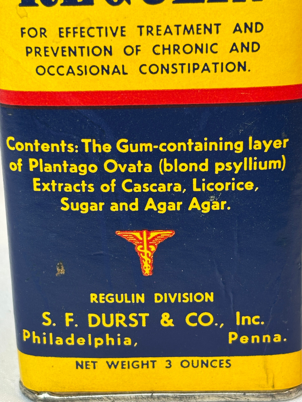 Vtg Regulin Constipation Treatment Cardboard & Metal Container S.F. Durst & Co