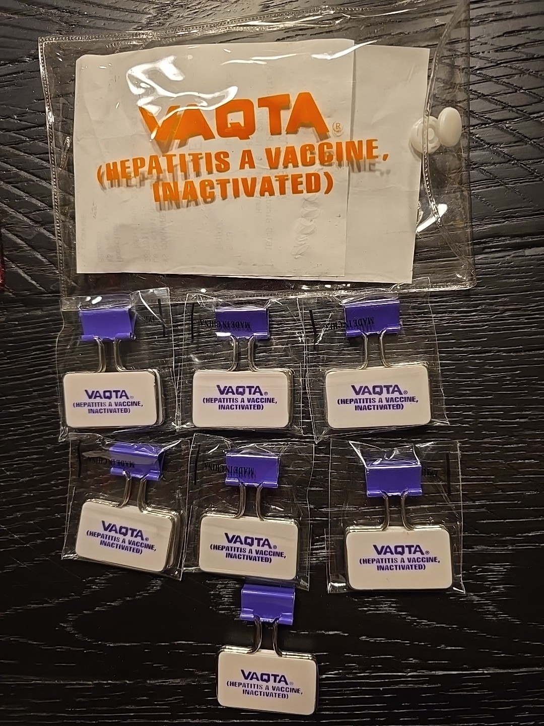 Vintage VAQTA Metal Paper Binder Clips Bag w/ 8 Clips Pharmaceutical Promo RARE
