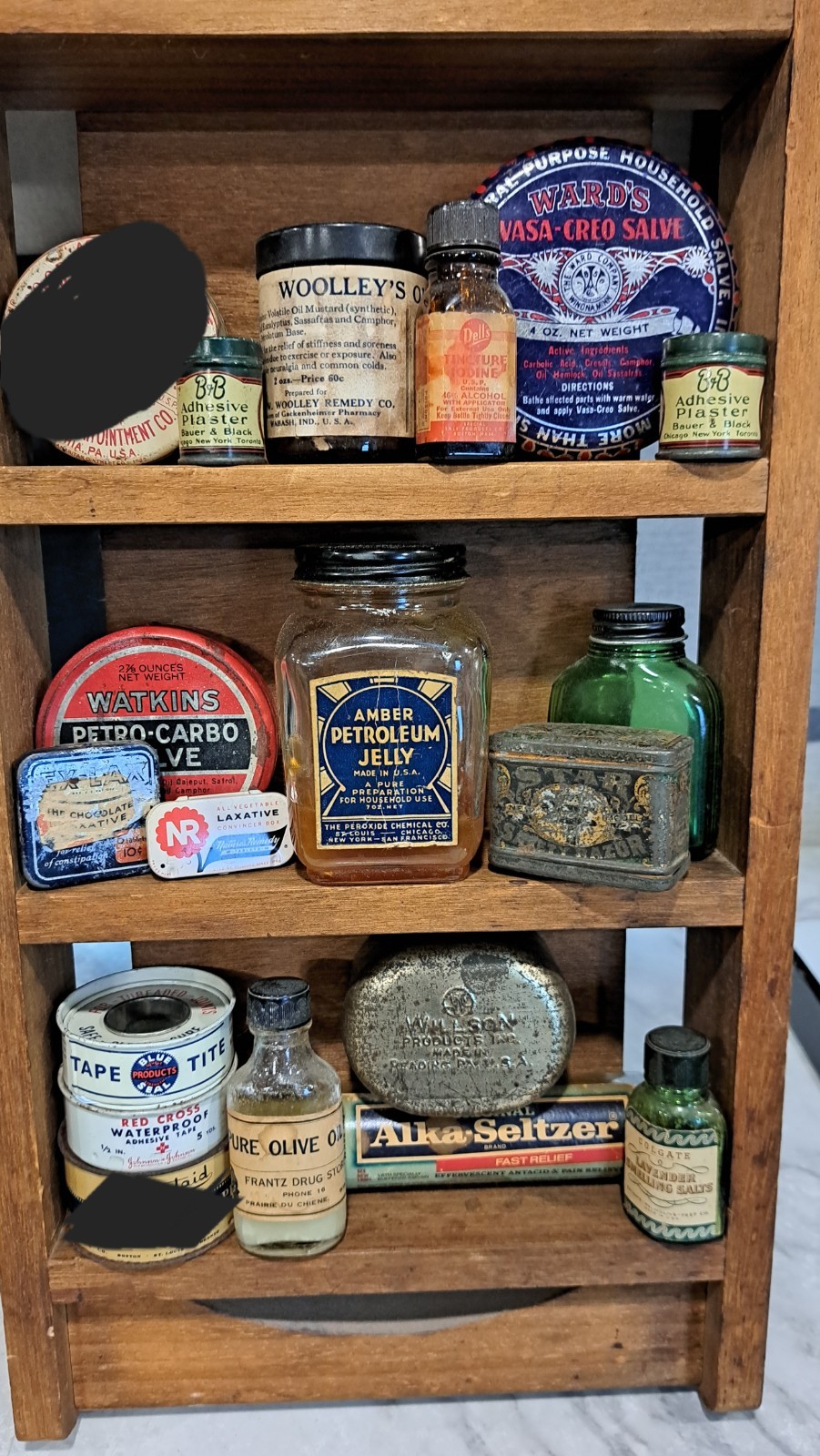 Antique Bottles Tins Boxes Pharmacy Items Empty/Full –SHELF NOT INCLUDED!!!