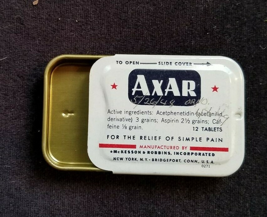 Old Advertising Pain Medicine Tin AXAR McKesson Robbins NY Bridgeport CT Tooth