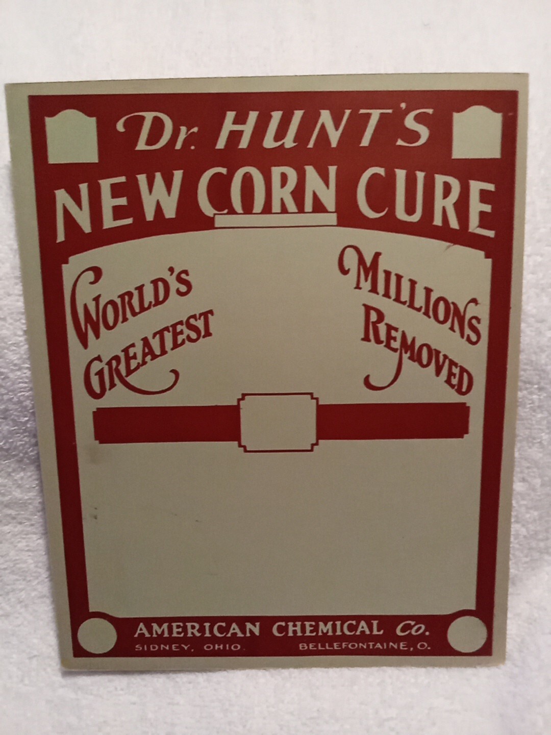 Dr. Hunt’s New Corn Cure American Chemical Co. Vtg Poster Sidney Shelby Co. Ohio
