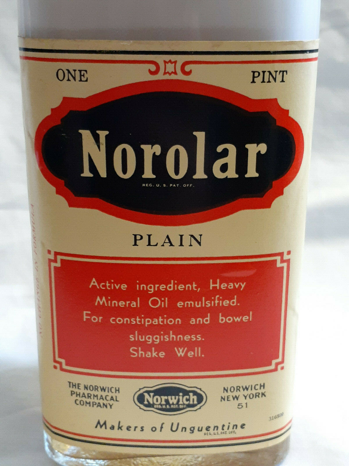 Vtg Norwich Norolar Plain Mineral Oil Constipation Remedy 1 Pint Bottle
