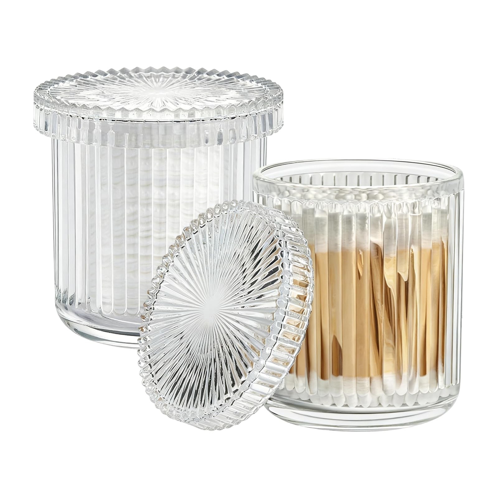2 Pack Ribbed Glass Qtip Holder with Lid, Apothecary Storage Jars, Bathroom V…