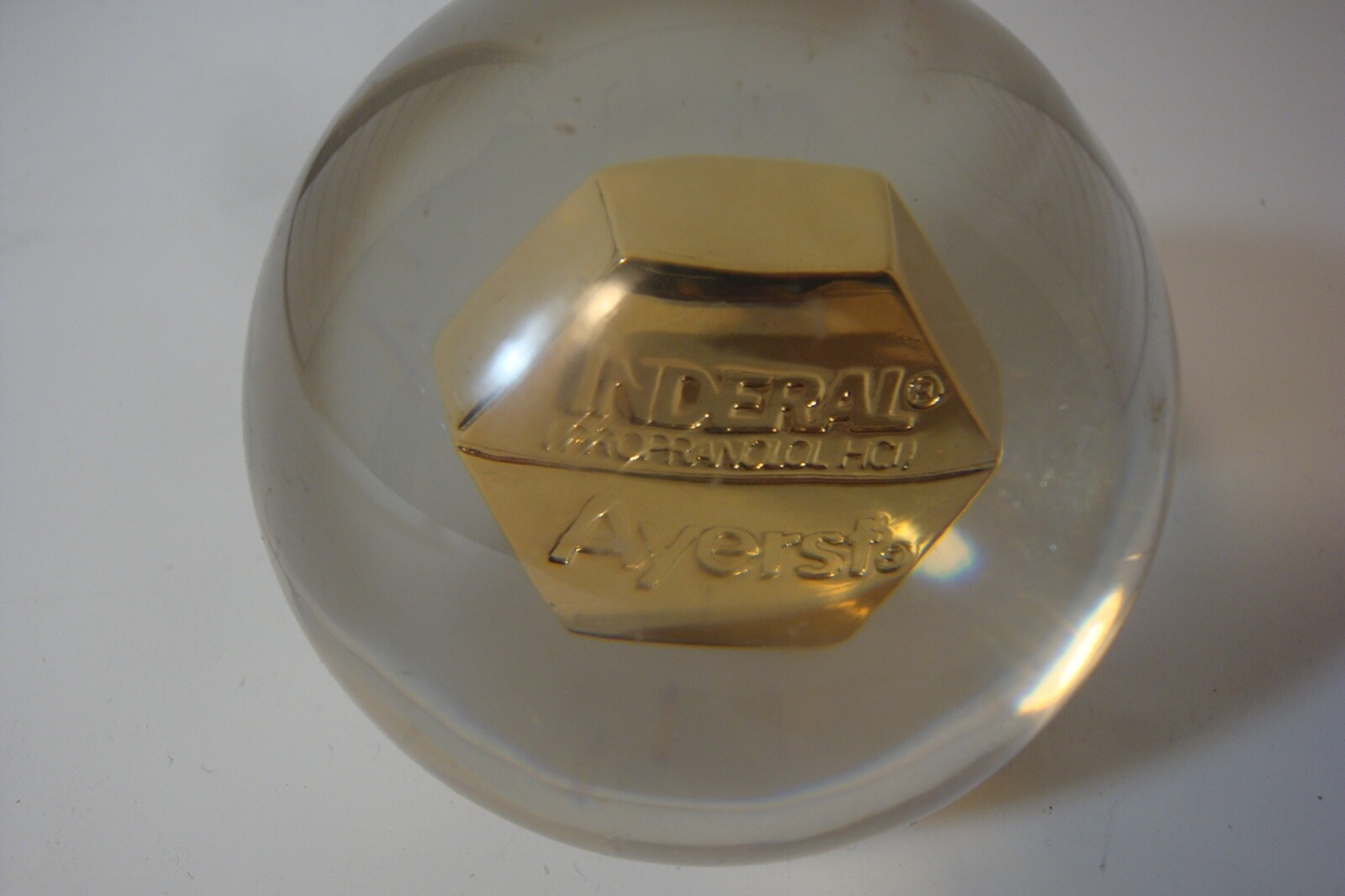 Inderal Ayerst prescription paperweight acrylic used 3 inch diameter