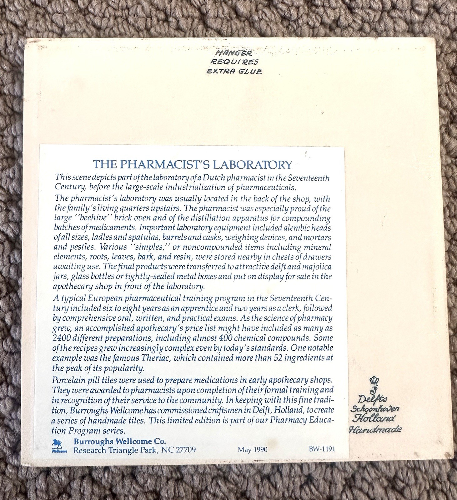 Vintage 1986 Delft Holland Blue Hand Painted Porcelain Tile Early Pharmacist 6×6