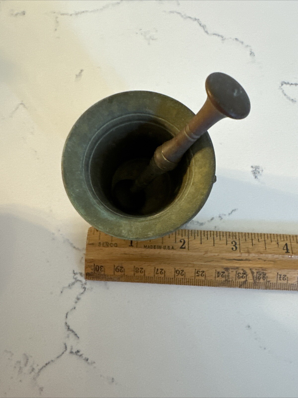 Antique Small Brass Mortar & Pestle Mortar has 2 square handles
